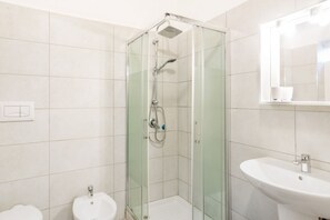 Shower, hair dryer, bidet, towels