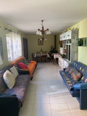 Televisie, een open haard, boeken en een stereo