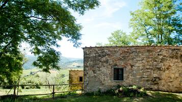 A rustic stone building with a small window, surrounded by lush greenery and a wooden fence.