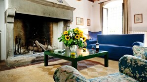 Een woonkamer met een open haard, een blauwe bank, armstoelen met bloemenprint en een bijzettafeltje met een vaas zonnebloemen.
