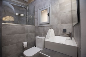 Combined shower/bathtub, hair dryer, towels, soap