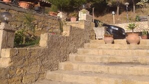 Una escalera de piedra que conduce a un edificio con macetas de terracota y plantas.