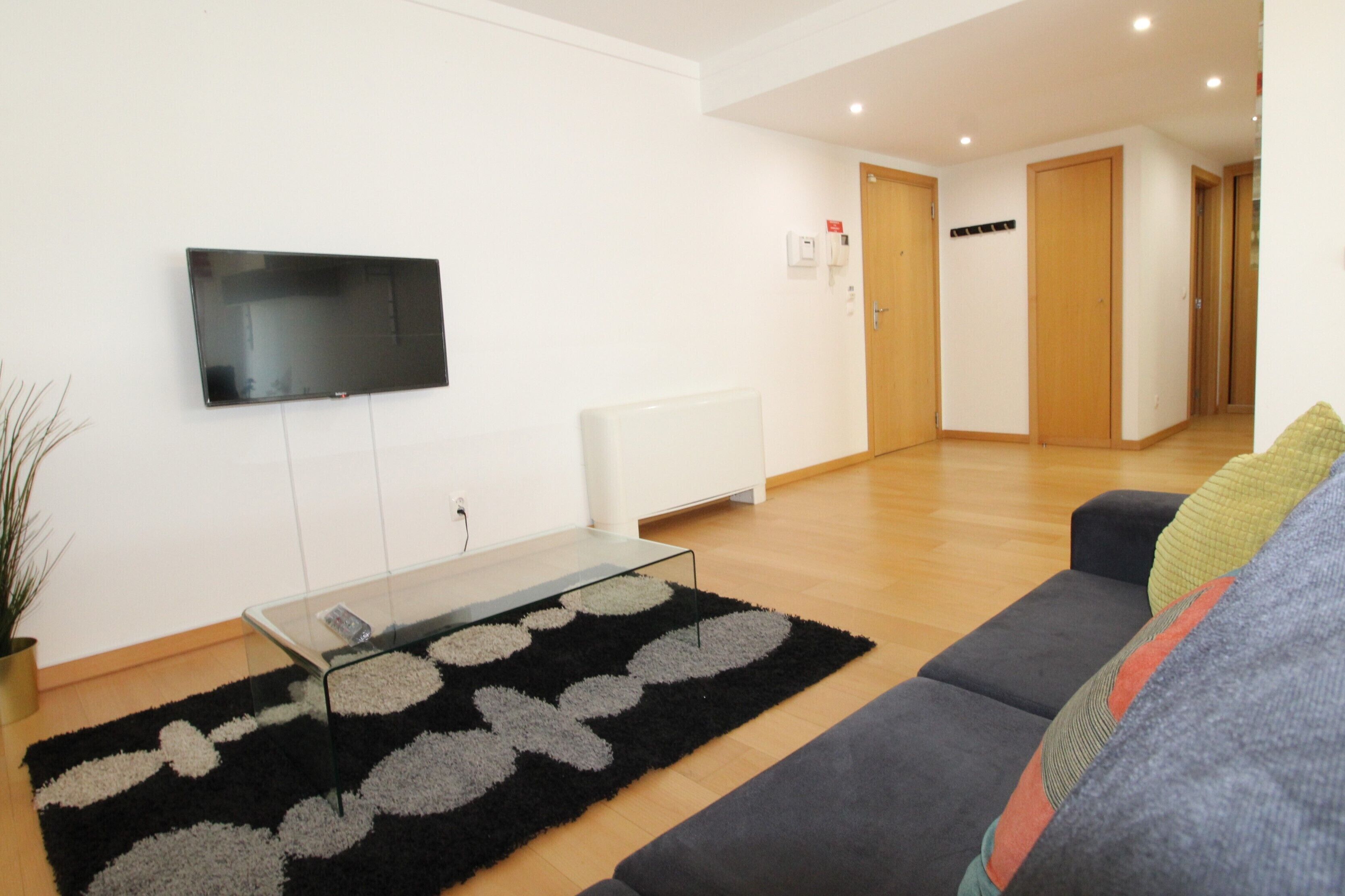 Un salon moderne avec un téléviseur à écran plat, une table basse en verre, un tapis noir et blanc, un canapé gris et un parquet en bois.