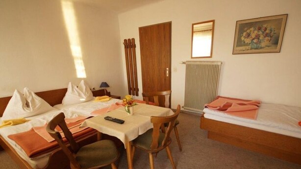 A room with a bed, a table with chairs, a radiator, and a door.