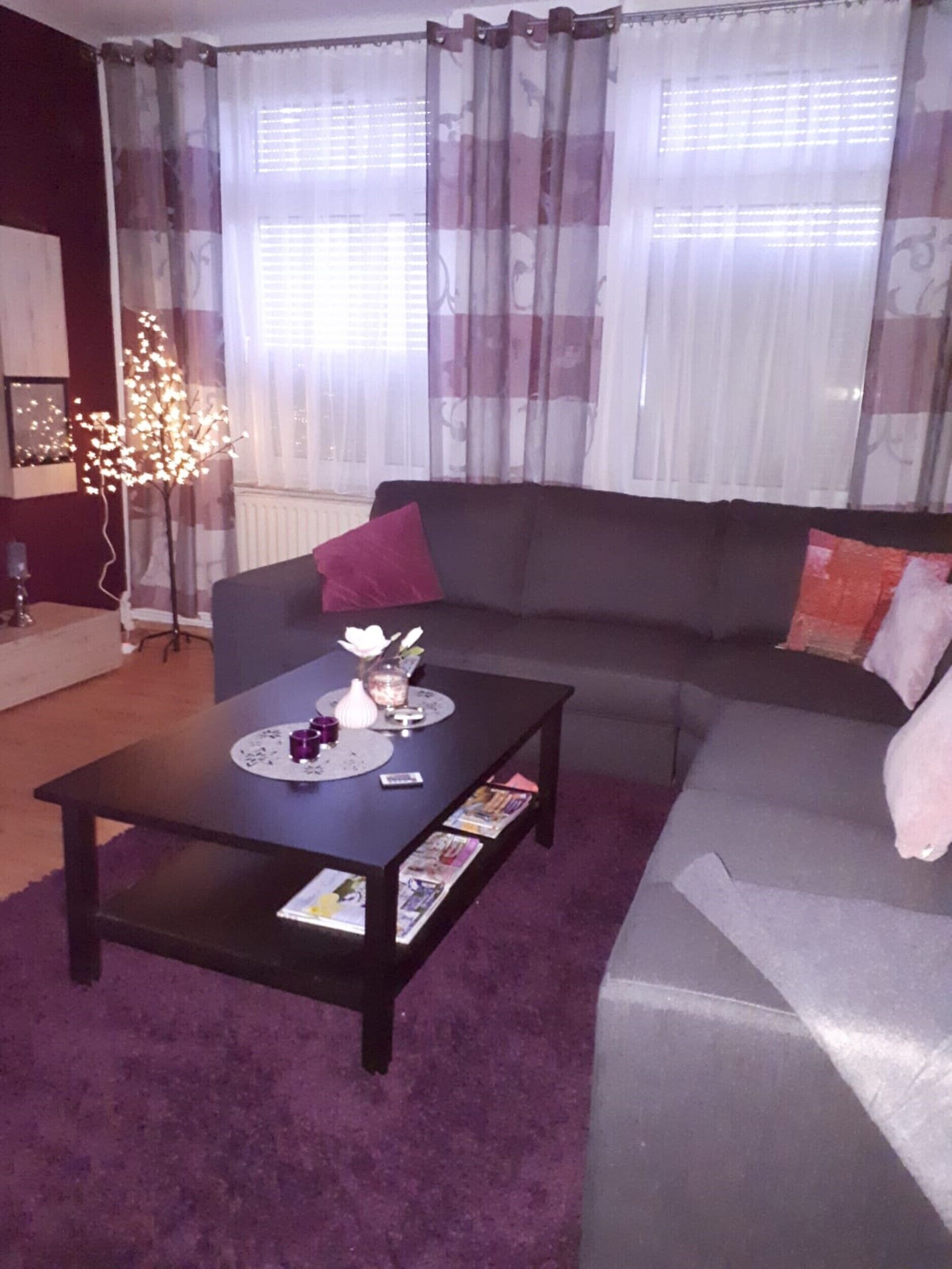 A living room with a dark-colored sofa, a coffee table with decorative items, and a purple carpet.