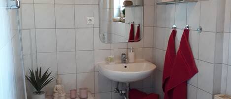 Combined shower/bathtub, hair dryer, towels, soap