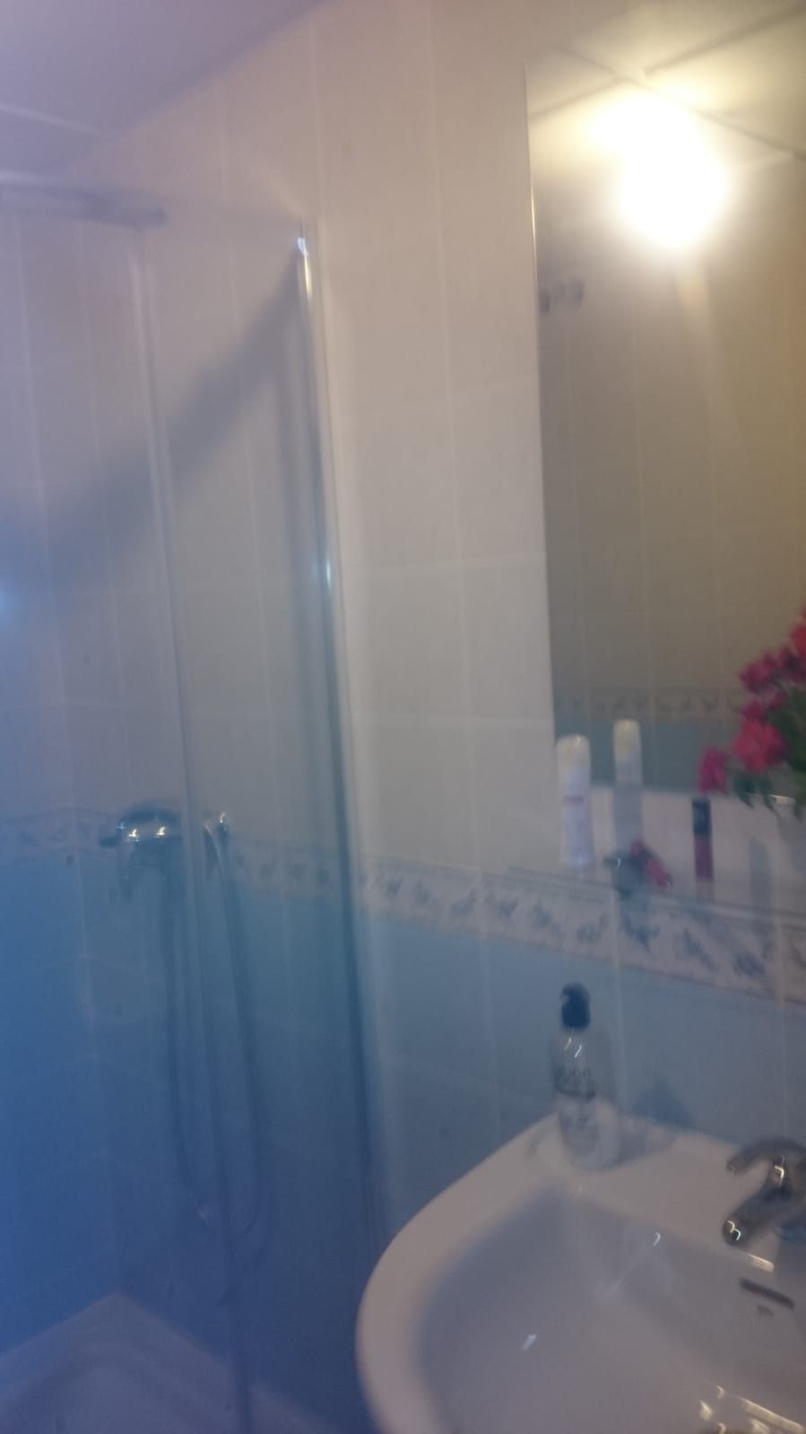 A bathroom with a glass shower enclosure, a sink, and a mirror.