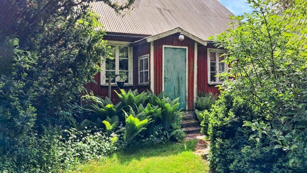 A red house with a green door, surrounded by lush greenery and a small garden. - Pet friendly home in Hörby with WiFi (Hörby)