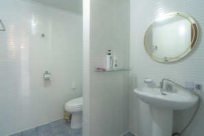A bathroom with a toilet, sink, and mirror.