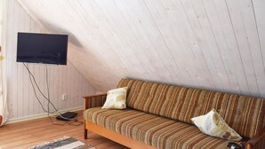 Une pièce mansardée chaleureuse, avec un plafond en pente en bois, un canapé agrémenté de coussins à motifs et un téléviseur à écran plat fixé au mur.