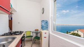 Una cocina pequeña con estufa a gas, un lavamanos y un ventanal con vistas al agua.