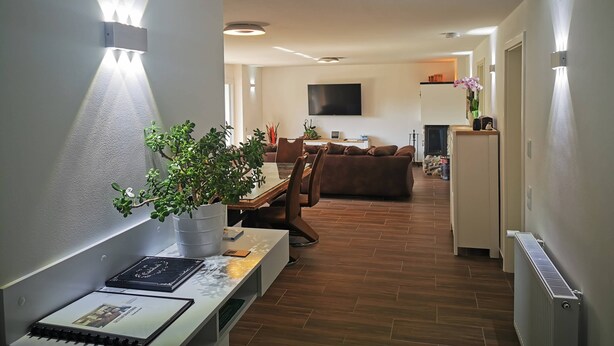 A modern living room with a sofa, a coffee table, and a TV. There is a plant on the coffee table, and the room has a wooden floor.