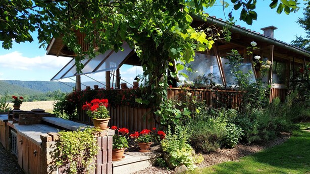 Ein Holzhaus mit geneigtem Dach, umgeben von einem Garten mit verschiedenen Pflanzen und Blumen.