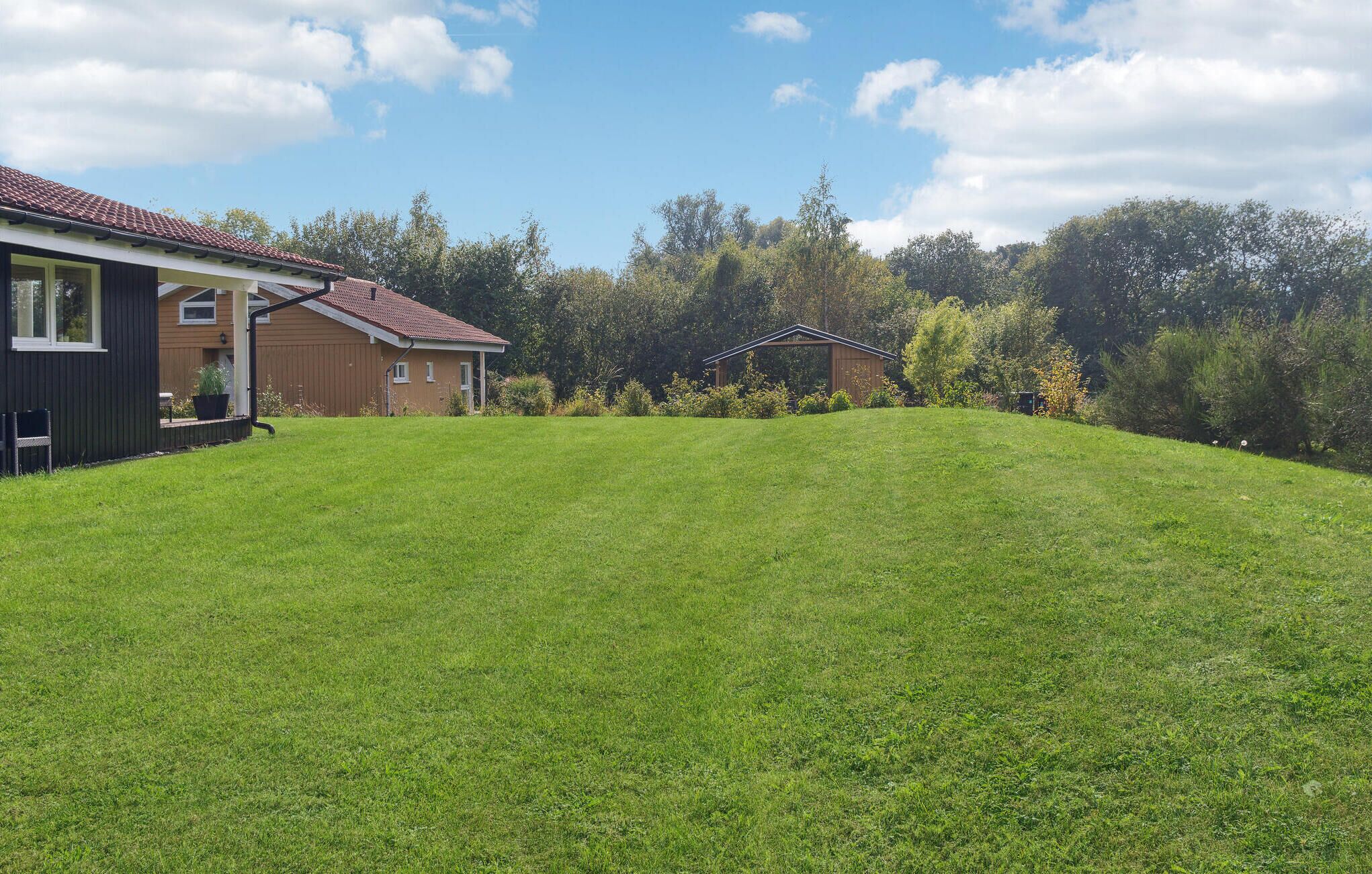 A grassy lawn with a house and a wooden structure in the background.