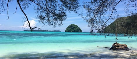 On the beach, white sand, beach bar