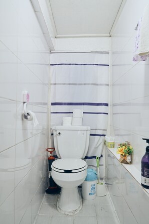 Ein kleines Badezimmer mit Toilette, Duschvorhang, Toilettenpapierhalter, Mülleimer und einer kleinen Ablage für Pflegeprodukte.