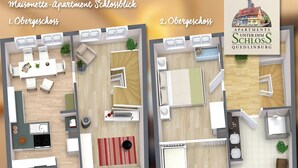 Dos planos de apartamentos que muestran una cocina, comedor, sala de estar y baño. Cada apartamento tiene un balcón y vista a la calle.
