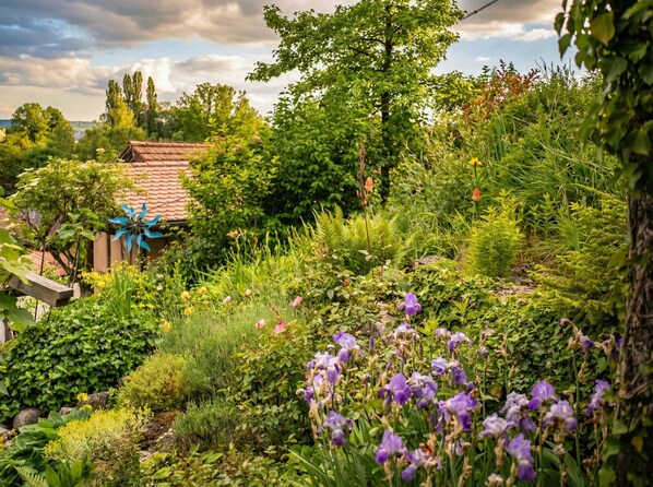 A garden with various plants and flowers, a wooden bench, and a building with a tiled roof.