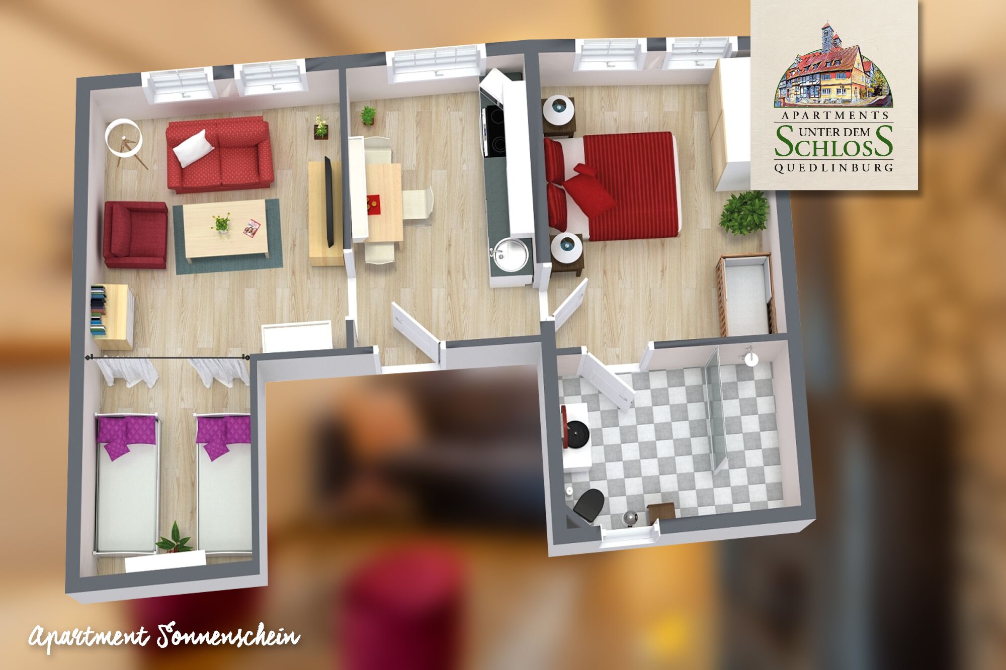 Grundriss einer 2-Zimmer-Wohnung mit Wohnzimmer, Essbereich, Küche und zwei Schlafzimmern.