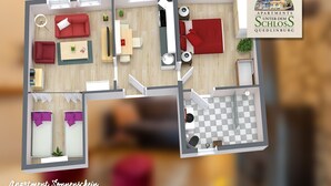 Indeling van een appartement met twee slaapkamers, inclusief een woonkamer, eetgedeelte, keuken en twee slaapkamers.