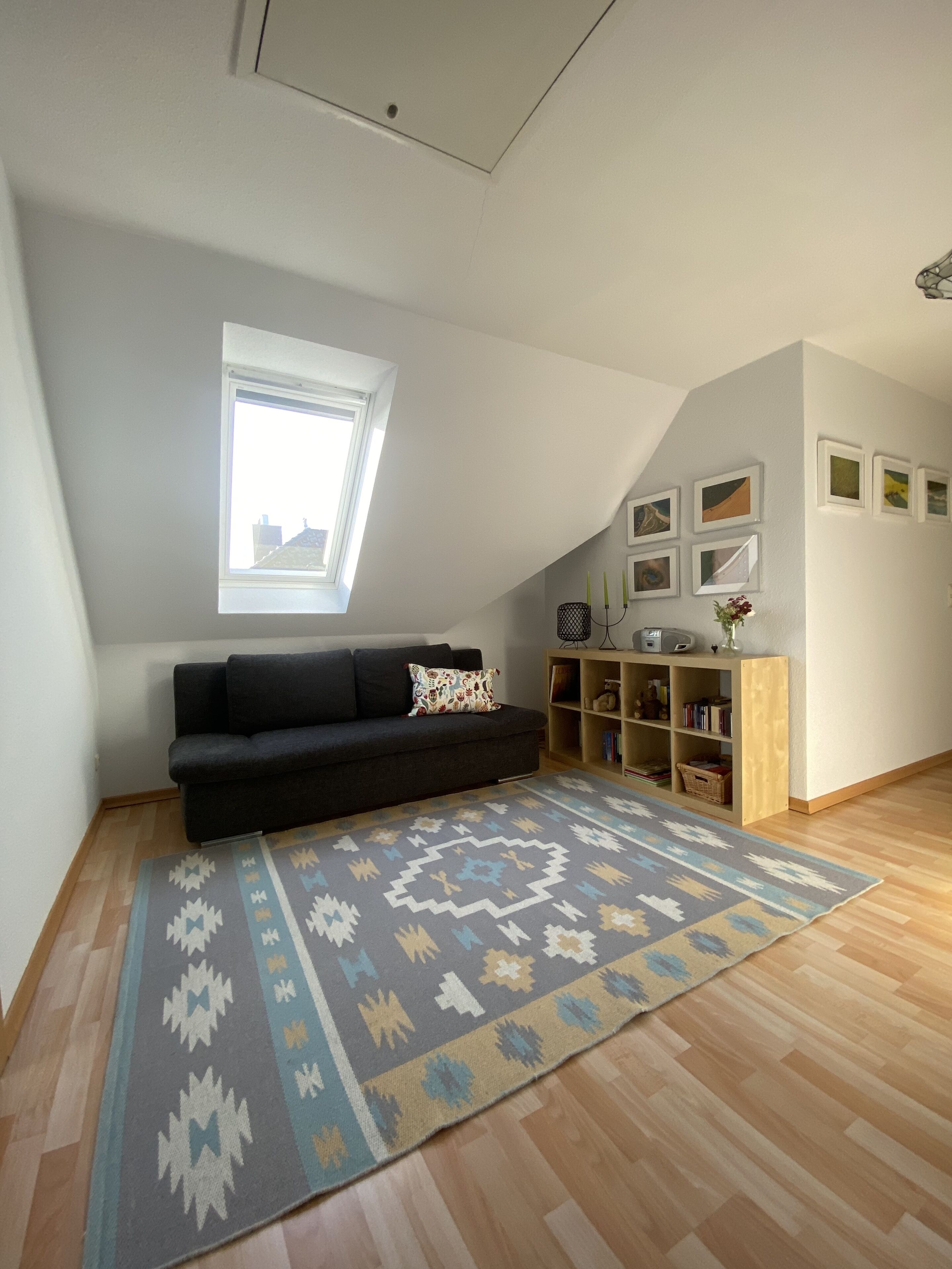 A living room with a black sofa, a patterned rug, wooden flooring, a bookshelf, and a sloped ceiling with a skylight.