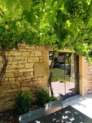 A stone wall with a vine-covered pergola and a glass door leading to a patio area.