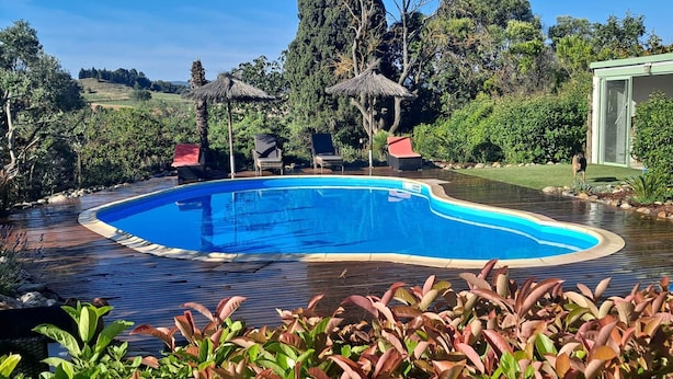 Ein Schwimmbad mit Holzterrasse, umgeben von üppiger Vegetation und Bäumen.