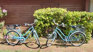 Een blauw fiets geparkeerd voor een houten huis met een metalen dak.