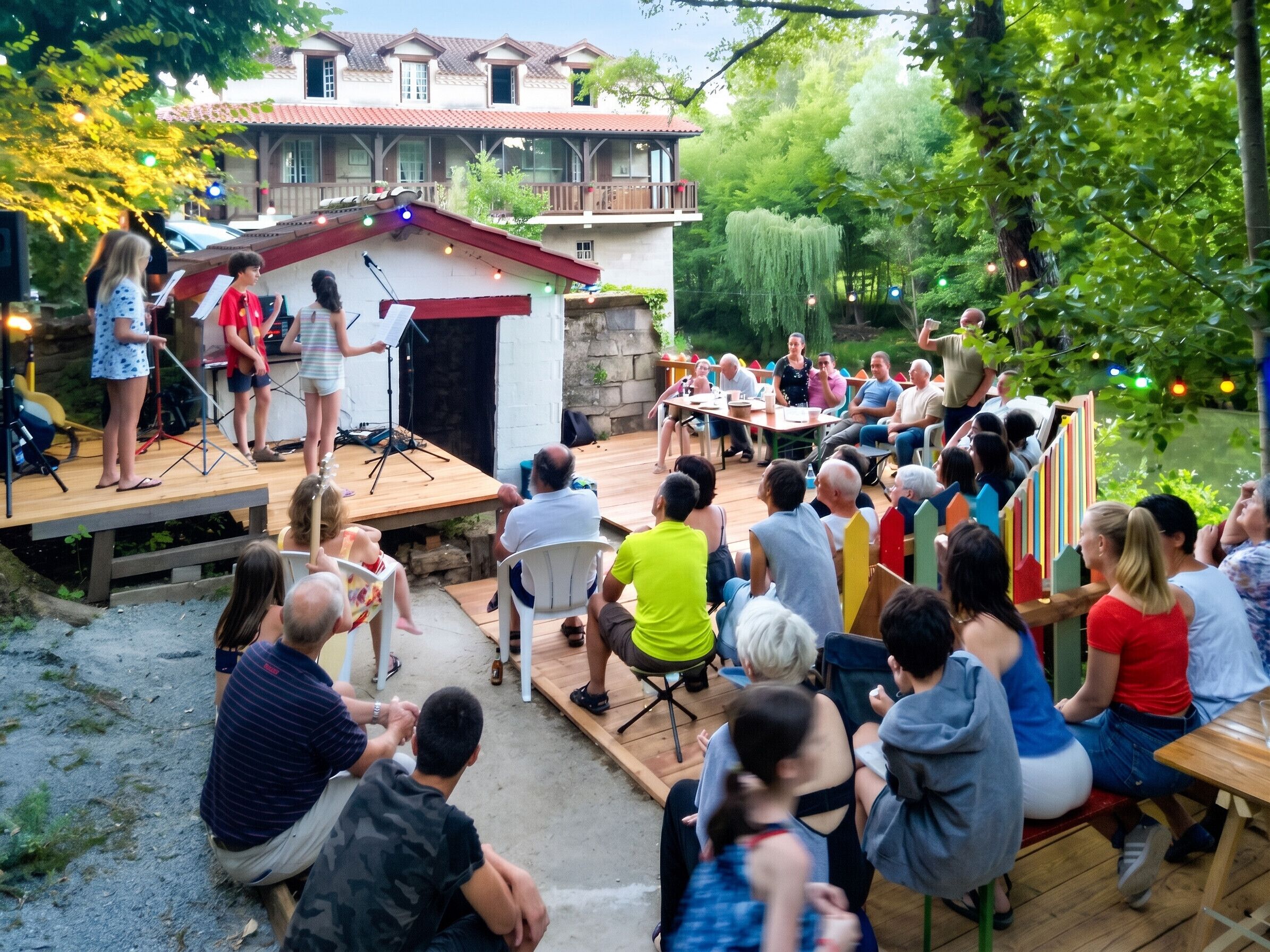 An outdoor event with a stage and audience seated on wooden benches.
