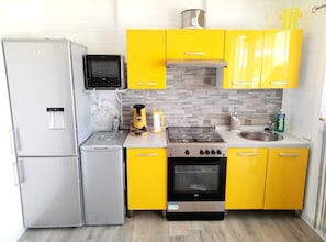 Fridge, microwave, oven, stovetop