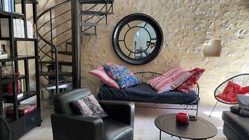 Smart TV, chimenea y libros