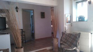 A living room with a fireplace, a television, and a chair with a plaid blanket. There are two tall vases with dried plants and a door leading to another room.