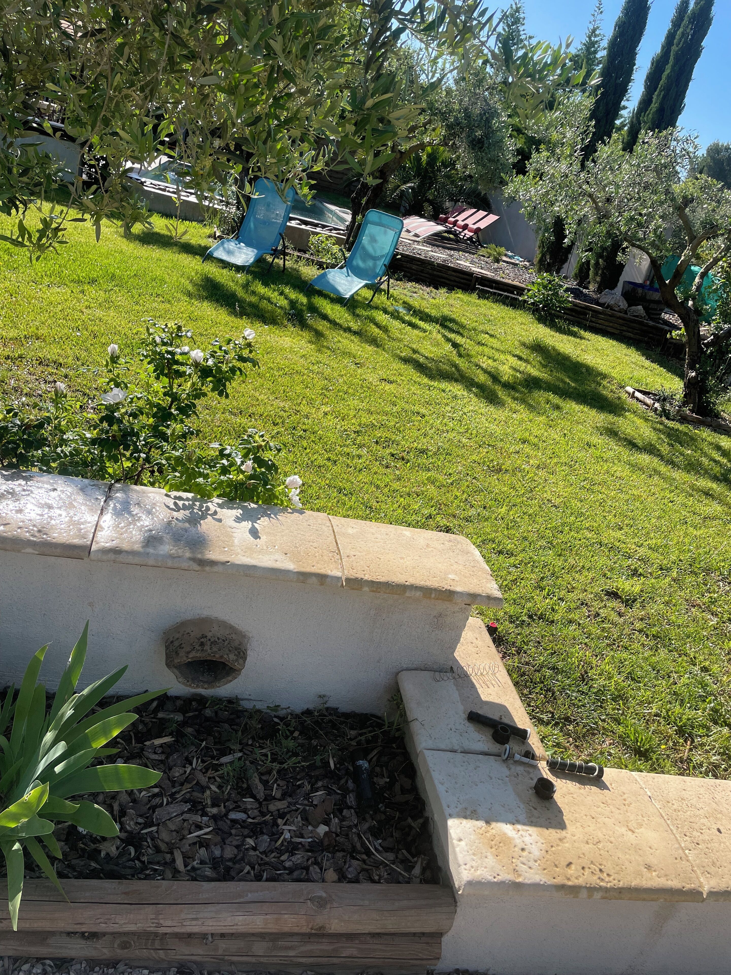 Un jardin avec un bac à fleurs en béton, un banc en bois et une zone herbeuse avec des arbres.