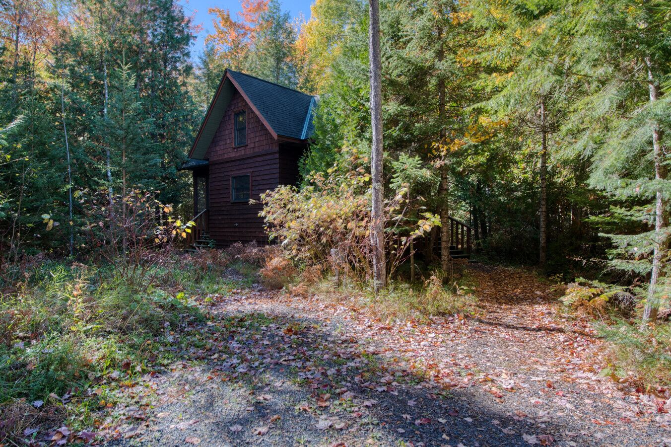 Mökki, joka on rakennettu maalaismaisessa tyylissä ja sijaitsee tiheän metsän ympäröimänä. Sinne pääsee sorapolkua pitkin.