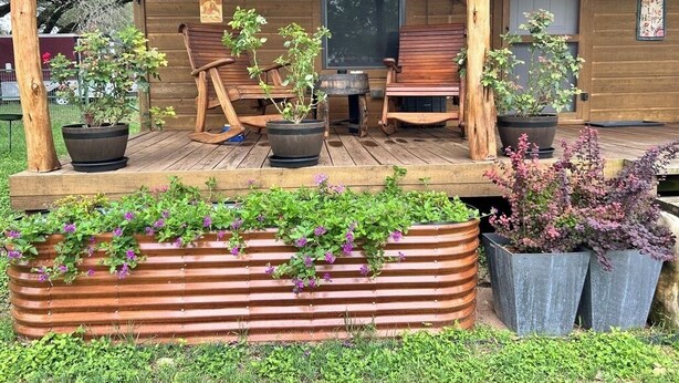 Eine rustikale Holzhütte mit einer Holzterrasse, zwei Holzstühlen und Topfpflanzen.