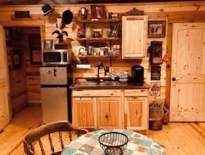 Fridge, microwave, coffee/tea maker, electric kettle