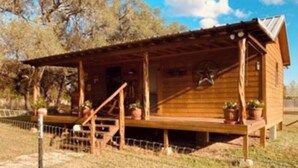 Eine Holzhütte mit Veranda, Treppe und Blumentöpfen.