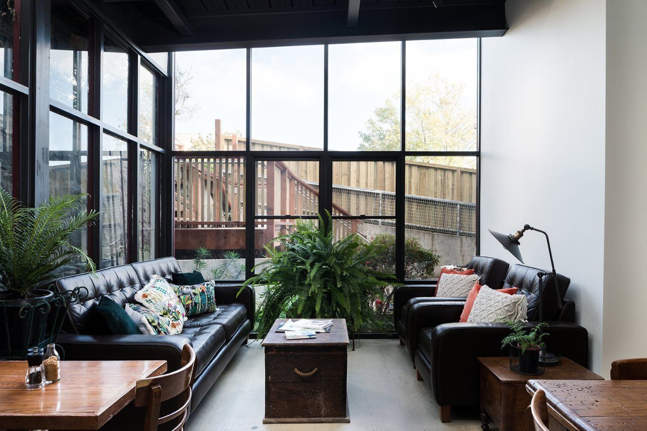 A modern living room with a large window, leather sofas, a coffee table, and potted plants.