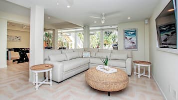 DVD player, foosball, table tennis, books