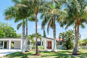A modern house with a white exterior, surrounded by palm trees and a well-maintained lawn.