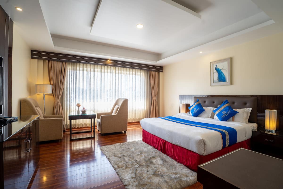 A hotel room with a large bed, a desk, a chair, a TV, and a window with curtains.