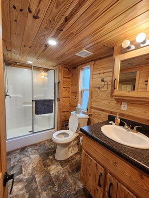 Hair dryer, towels, shampoo, toilet paper