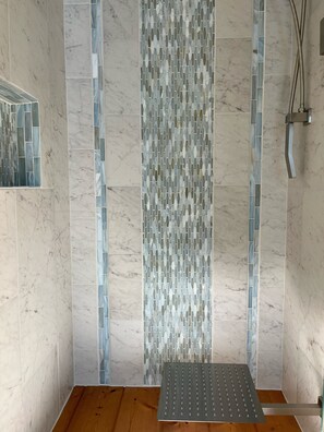Tina con regadera, secadora de cabello, toallas, papel de baño