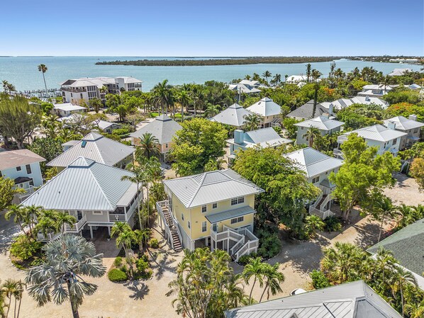 A coastal residential area with houses, palm trees, and a view of the ocean.