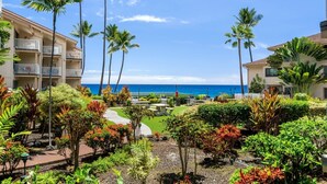 Un resort con zona de piscina, palmeras y vistas al océano.