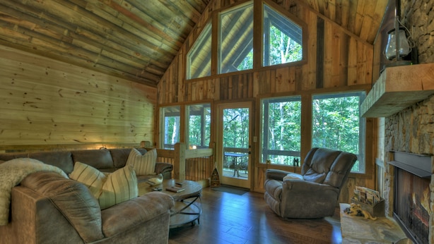 A cozy cabin interior with a wooden ceiling, large windows, a fireplace, and a comfortable seating area. - Dog Friendly, PAVED 2 lane access, Aska Adventure Area, Minutes to Downtown (Blue Ridge)