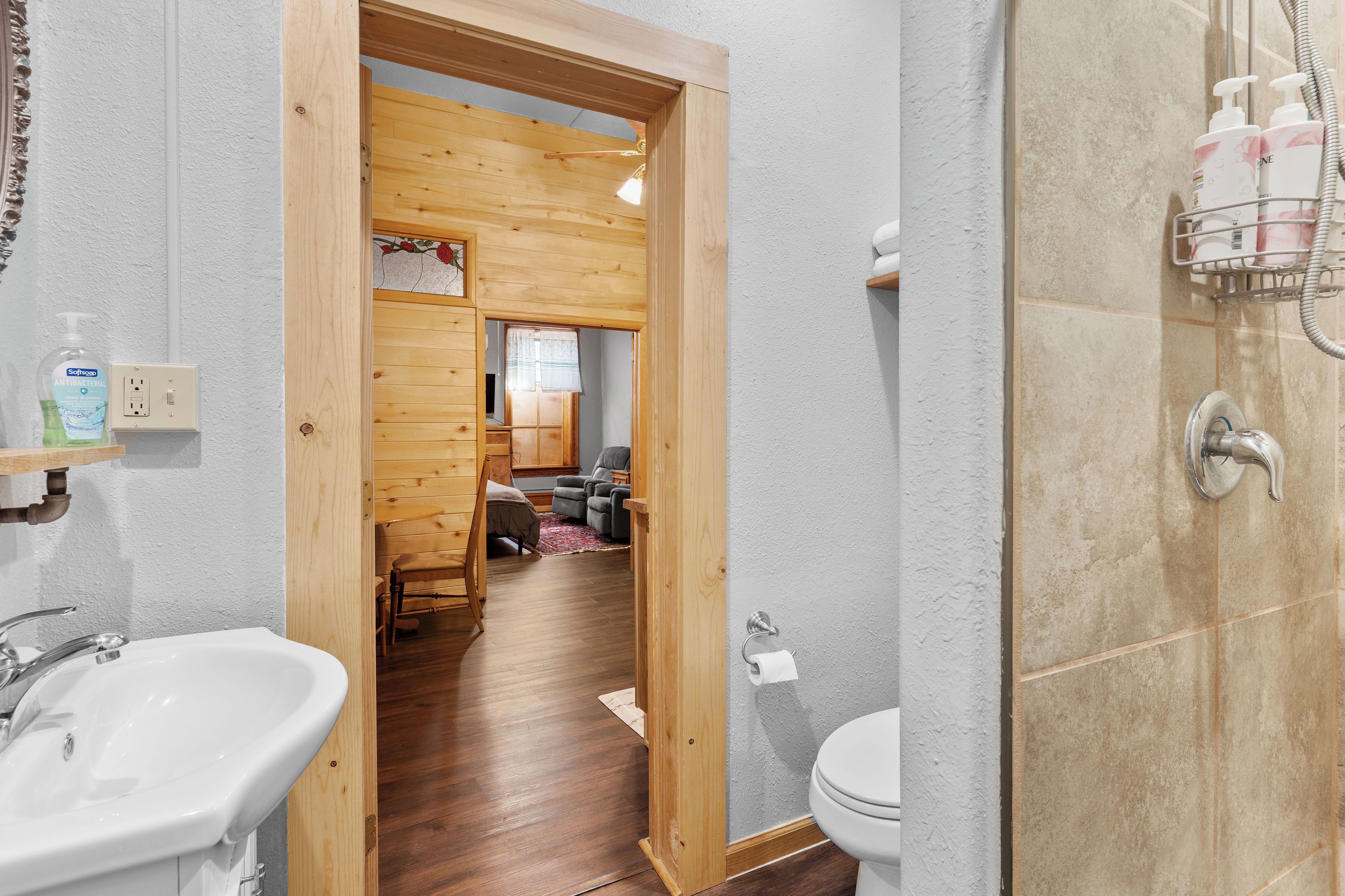 Regadera, secadora de cabello, toallas, jabón 