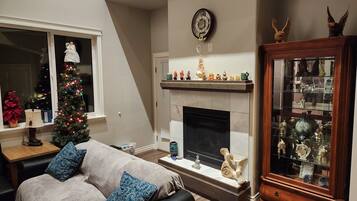 Smart TV, fireplace, video games, DVD player
