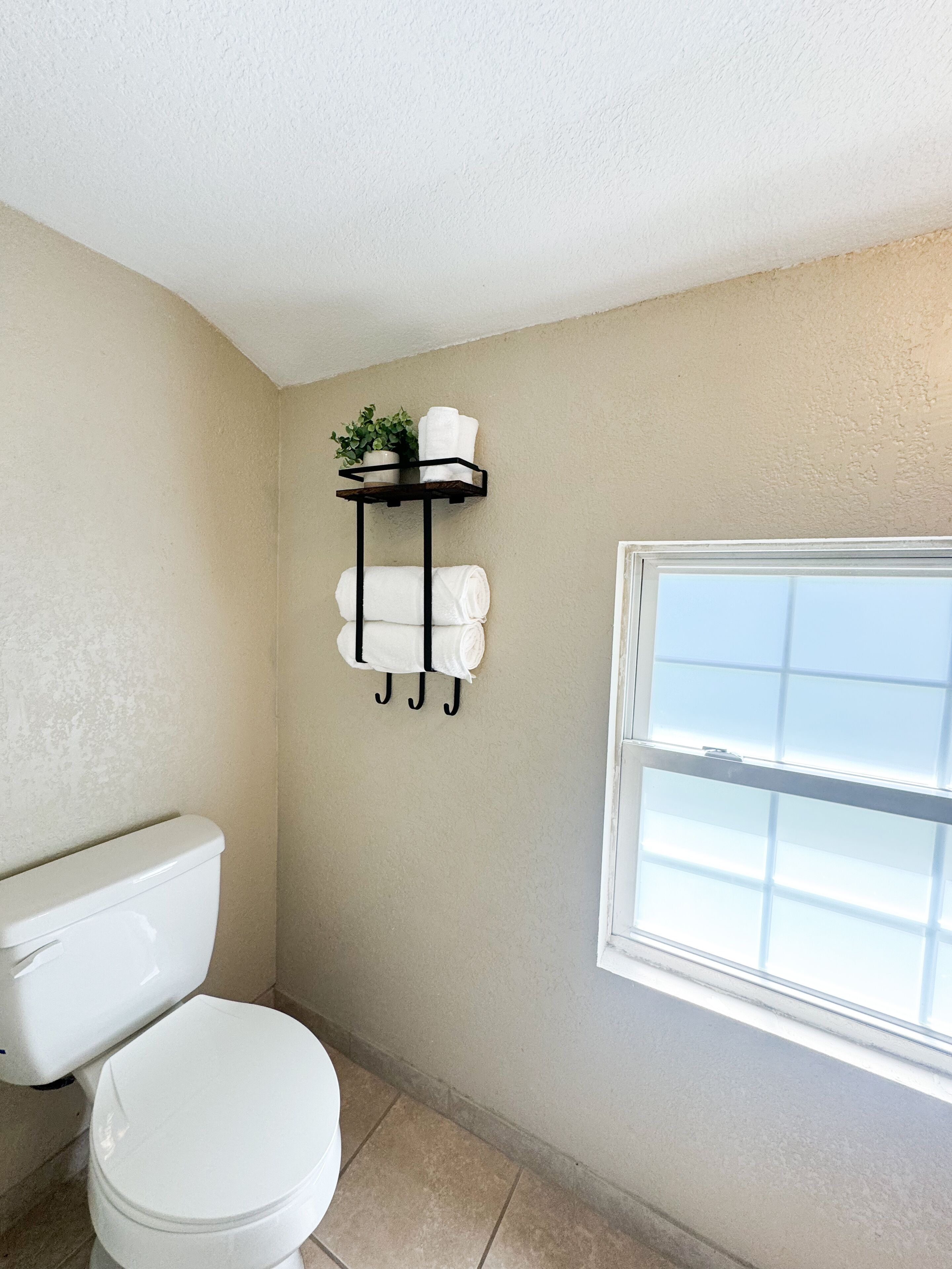 A bathroom with a toilet, a towel rack with towels and a plant, and a window.
