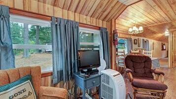 TV, DVD player, video library, stereo